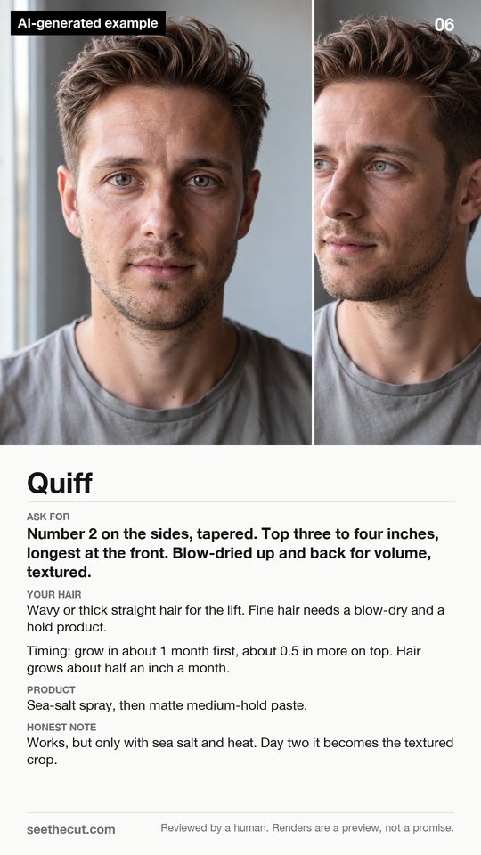 A barber card: the render on top, what to ask for underneath